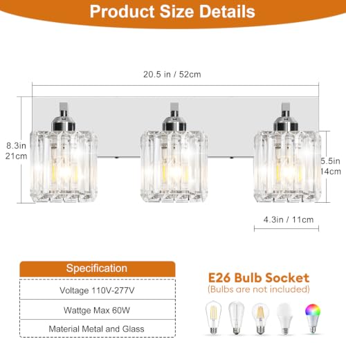 Image of Brushed Chrome Crystal Bathroom Vanity Light, 3-Light Modern Bathroom Lighting Fixtures Over Mirror,Chrome Wall Sconce Light Fixtures with Square Shade