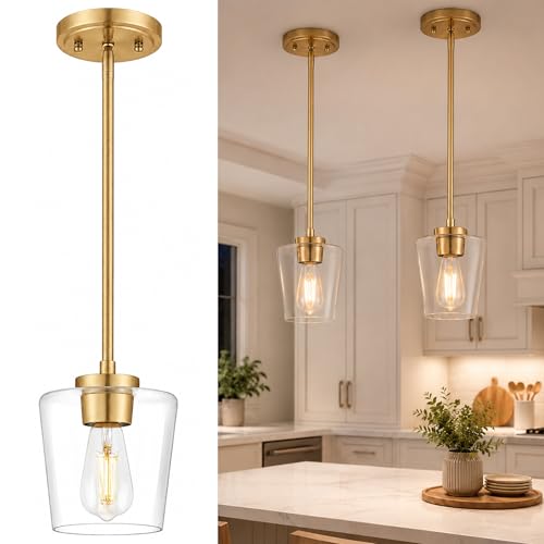 Image of Bushed Gold Pendant Light for Kitchen Island, 6 inch Clear Glass Shade