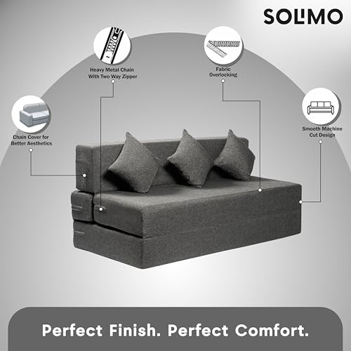 Image of Amazon Brand - Solimo 3 Seater 5 * 6 Jute Fabric Washable Cover Sofa Cum Bed with 3 Cushions 3 Seater Double Foam Fold Out Sofa Cum Bed (Finish Color - Grey Delivery Condition - Pre-Assembled)