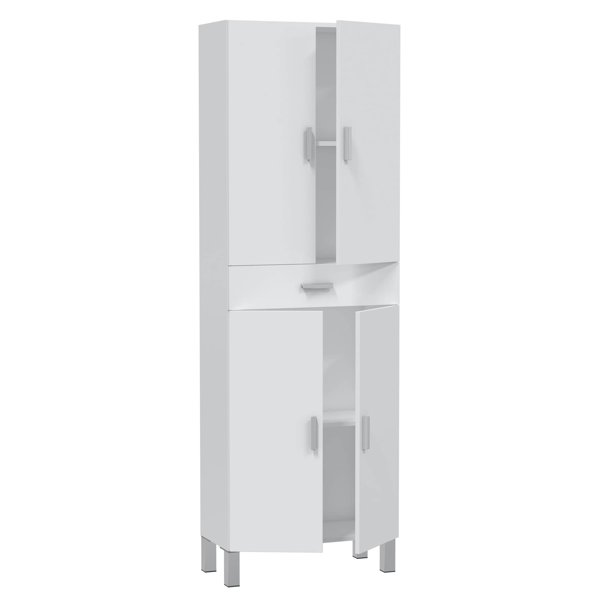 HOMN LIVING Armario de baño Alan 4 Puertas 1 Cajón, Acabado en Color Blanco Brillo, 60 cm (Ancho) x 29 cm (Fondo) x 182 cm (Alto)