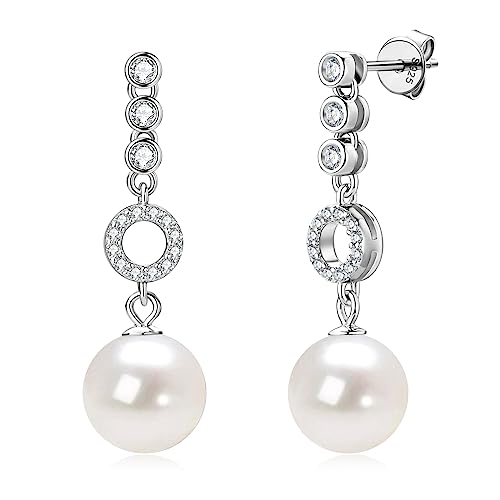 Freshwater Pearl Drop Earrings, 925 Sterling Silver Cultured Pearls Dangle Earrings with Cubic Zirconia, Wedding Anniversary Jewelry Gifts for Women Wife Bride