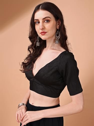Image of Womanista Women's Dupion Silk Half Sleeve Solid V Neck Readymade Saree Blouse Stylish