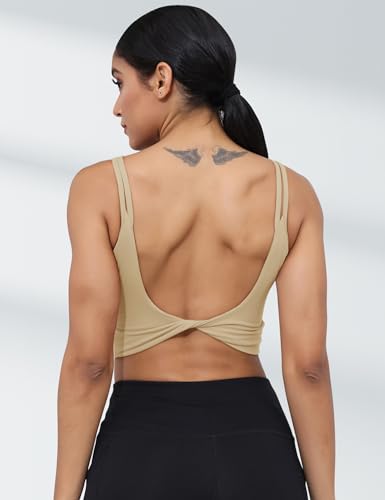Image of LUYAA Womens Workout Sports Bras Backless Padded Yoga Tank Tops Crop Twist Low Back Cami Bra for Gym
