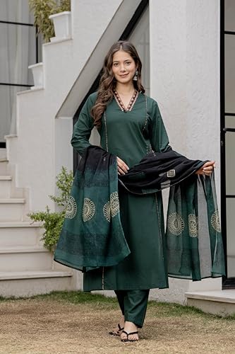 Image of MEERA FAB Women Floral Printed Pure Cotton Straight V-Neck Kurta with Palazzos & Dupatta