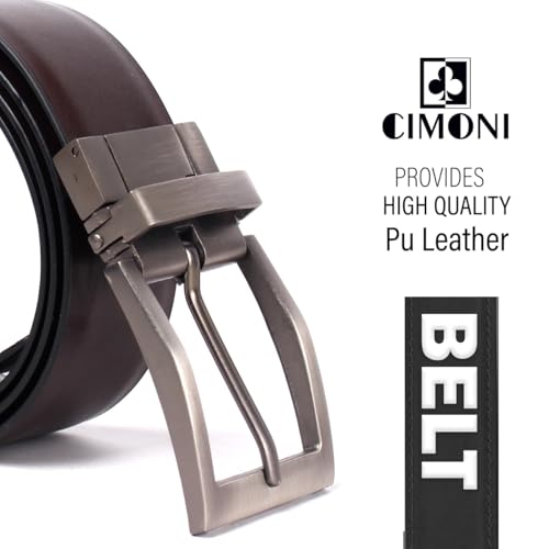 Image of CIMONI Reversible Leather Belt for Men | Genuine Leather & Vegan Leather Pin Buckle Belt | Classic Black /Brown Adjustable Belt for Formal, Business, Office & Casual Wear