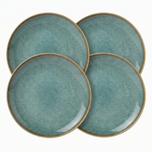 Image of Freakway Handcrafted Stoneware Ceramic Dinner Plates, Teal Reactive Glaze, 10-Inch, Microwave & Dishwasher Safe, Set of 4