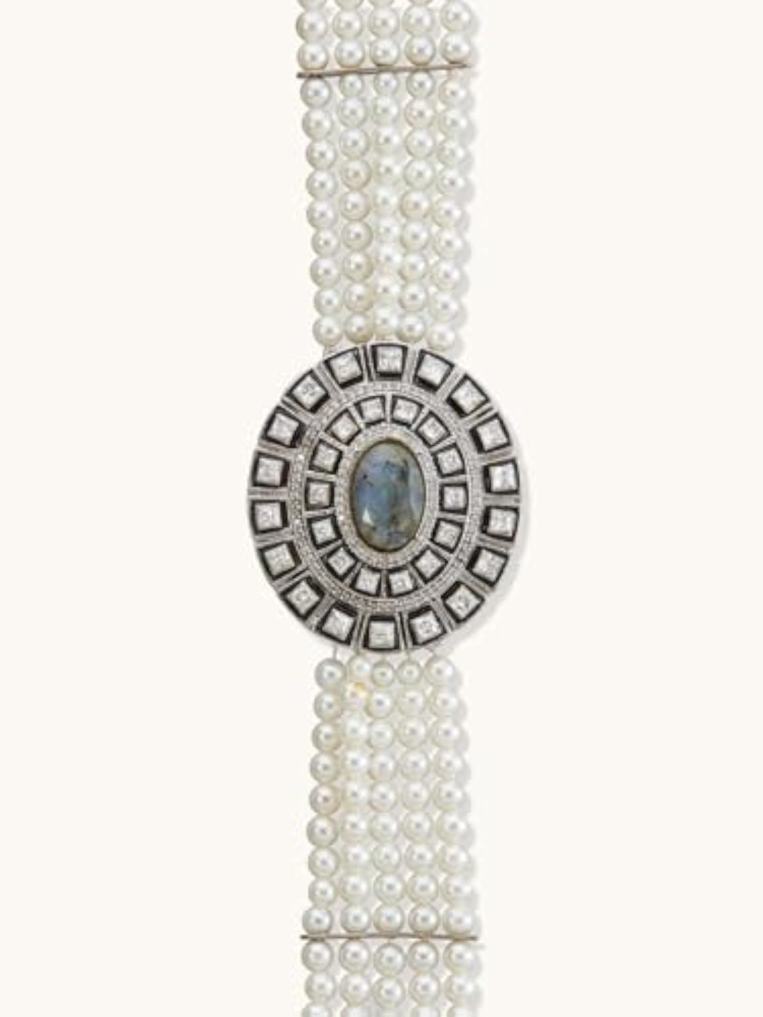 Gold-Plated Labradorite Stone & Enamelled Pearl Choker Necklace