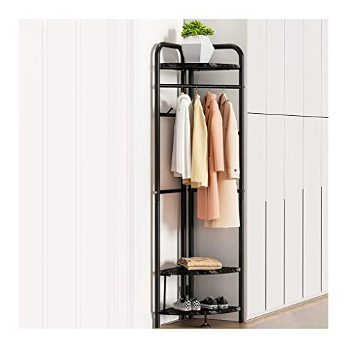 FGXHHS Metal Clothing Rack with Shelves and Hooks, Space-Saving Corner Stand for Entryway, Bedroom, Living Room Organization