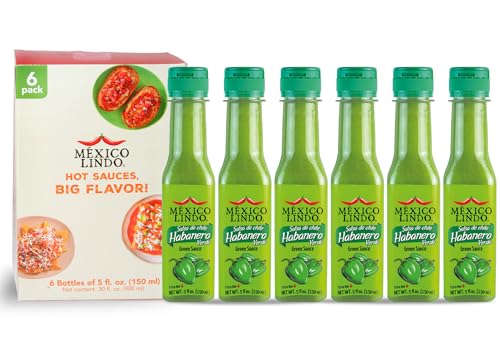 Image of Mexico Lindo Green Habanero Hot Sauce | Real Green Habanero Chili Pepper | 75,900 Scoville Level | Enjoy with Mexican Food, Seafood & Pasta | 5 Fl Oz Bottles (Pack of 6)