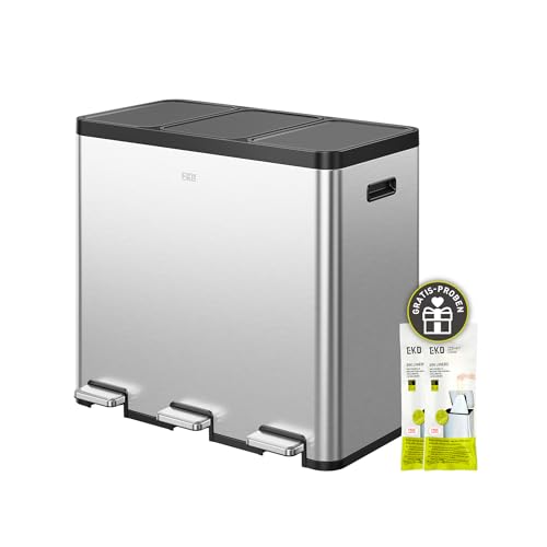 EKO Cubo de basura con 3 compartimentos, 3 x 20 litros, cubo de basura con pedal para cocina, cubo de basura con tapa, cierre suave y hermético, sistema de separación de basura de 60 l con asa, acero