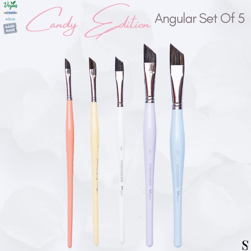 Image of Stationerie Paint Brush Set Handmade Soft Aqua Long Synthetic Hair with Stainless Wire Ideal for Art Paint, Watercolor, Quill, Oil Acrylics, Artists Angular Brush Set of 5(Candy Edition)