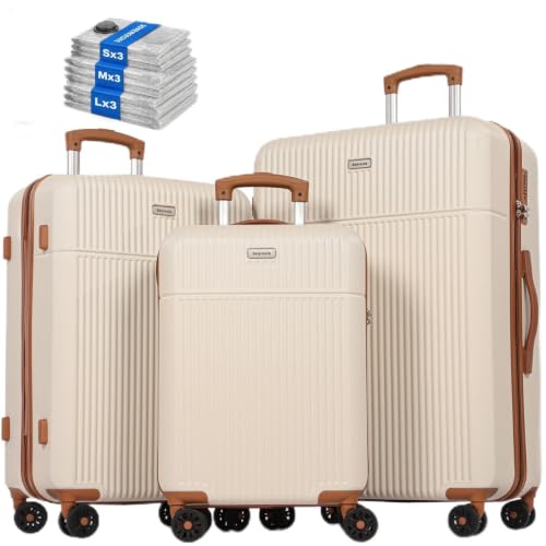 H.yeed Luggage Sets 3 ABS Hard Shell Lightweight Trolley Travel Suitcase Set with 4 Spinner Wheels TSA Lock for Man Women 21 + 24 + 28-White