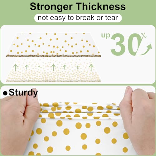 Image of Smiry Plastic Table Cloth Disposable 3 Pack, 54 x 108 Inch Rectangle Waterproof Tablecloth, Printed Gold Table Runner Style for Birthday Weeding, Party Decorations, Leakproof & Sturdy, White and Gold