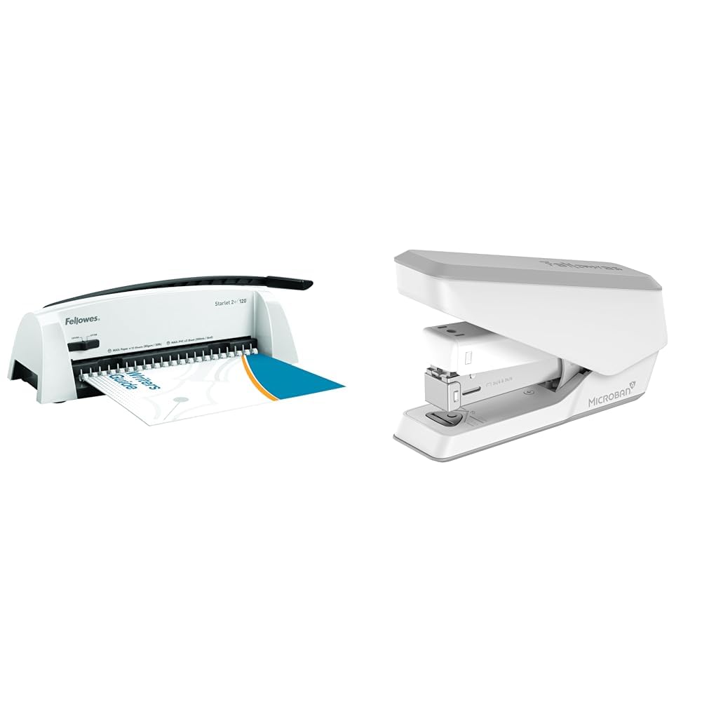 Fellowes Rilegatrice a Dorsi Starlet 2+, 12 Fogli + Fellowes Cucitrice LX840 a metà striscia con Tecnologia Easy-Press e Rivestimento in Microban, Capacità 25 Fogli, Colore Bianco