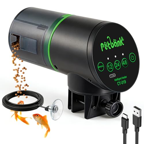 Petbank Futterautomat Aquarium, Fischfutterautomat Automatischer Fischfutterspender mit Typ-C Ladekabel, Fisch Futterautomaten für Aquarium Fischtank 200ml Kapazität Schwarz