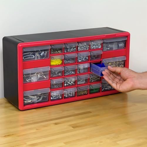 Akro-Mils 10126 26-Drawer Plastic Drawer Storage Cabinet for Garage Organization, Teacher Toolbox, Makeup Organizer, and More, 50.8 cm W x 15.24 cm D x 25.4 cm H, Red