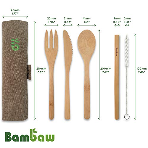 Bamboo Cutlery Set | Travel Cutlery Set | Eco Friendly Flatware Set | Knife, Fork, Spoon And Straw| Wooden Cutlery Set | Camping Cutlery Set With Travel Pouch | 7.9 Inch | Olive | Bambaw #TOP2