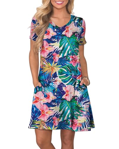 Image of COSSEN Women's Casual T Shirt Dress V-Neck Short Sleeves Swing Dresses Birthday Party Summer Travel Beach with Pocket