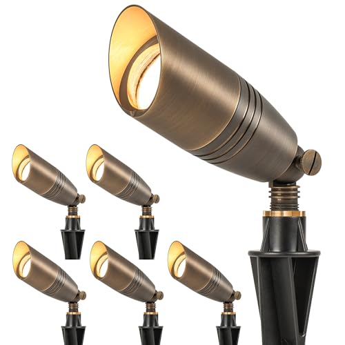 Image of LUTEC Solid Brass Low Voltage Landscape Lighting, 12V Heavy Duty Waterproof Landscape Spotlights Bronze, Wired Uplights Outdoor Fixtureswith ABS Spike, Garden Yard Pathway Tree Without Bulb, 6 Pack