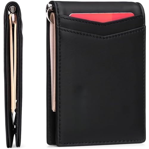 Genuine Leather Wallet for Men Slim RFID Blocking Front Pocket Card Holder with Money Clip Minimalist Design Compact for Everyday Carry (Black)