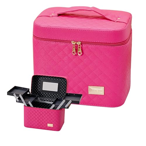 Ecocoerメイクボックス コスメボックス 大容量 化粧箱 収納ケース 小物入 ミラー付 大容量の4オープンメイクアップケース、著名メイクアップアーティスト専用の収納バッグ、防水美容ツールボックス (4つのオープン,ローズレッド)