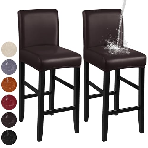 Image of YISUN Bar Stool Covers, Stretch Waterproof PU Bar Stool Slipcover Removable Washable Bar Stool Chair Covers, High Chair Cover with Elastic Bands (2 Pack, Coffee)