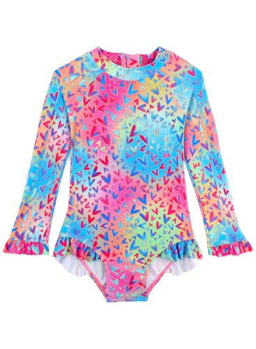 Image of Baby Toddler Girl Long Sleeve Ruffle Swimsuit One Piece Zipper Rash Guard Bathing Suit with UPF 50+ Sun Protection