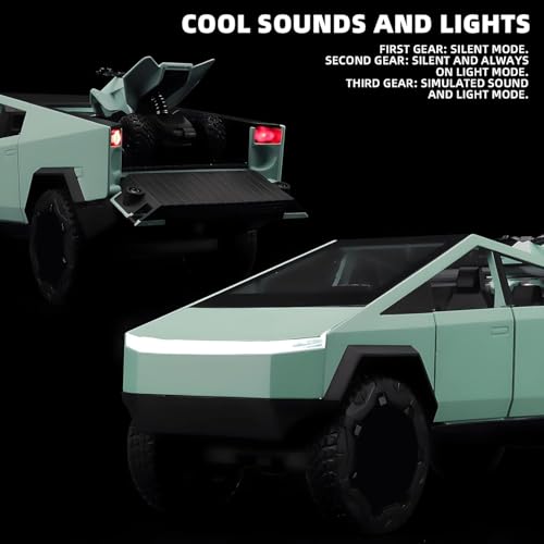 Image of 1:32 Scale Die-Cast Tesla CyberTruck with Pick-Up Trailer with 6 Openable Doors Pull Back Toy Car with Lights & MusicToy Car Gift for Kids (1:32 Cybertruck Trailer - Green)