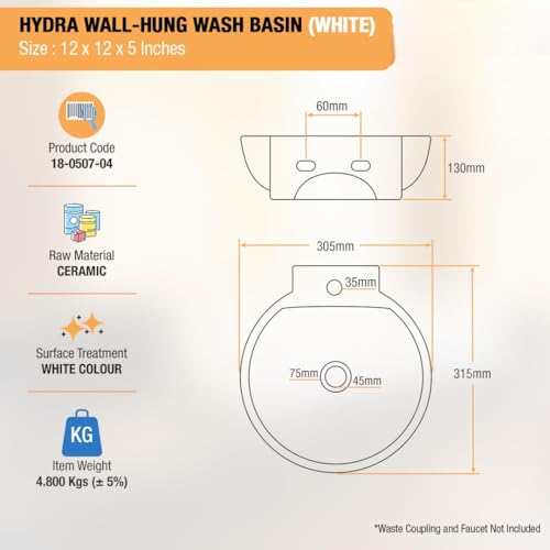 Image of Ceramic Wash Basin /Bathroom Basin /Glossy Small Sink Wall-Hung Hand Wash Basin Wash Basin For Bathroom & Living Room, (Dimension 30 x 30 x 15 CM) (Spin)