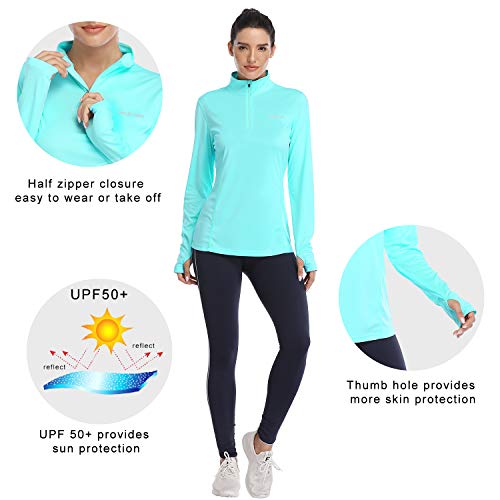 HISKYWIN Womens UPF 50+ Sun Protection Tops Long Sleeve Half-Zip Thumb Hole Outdoor Performance Workout Shirt HF806 Light Green M
