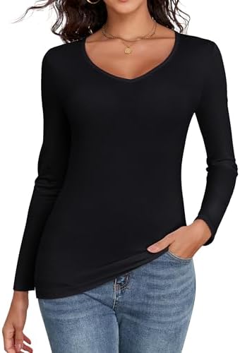 Long Sleeve Shirts for Women V-Neck Lightweight Slim Fit Fall Basic Undershirts Layer T Shirt Outfits 2025
