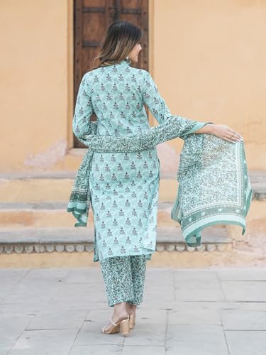 Image of Nefer Women Teal Green Pure Cotton Straight Ethnic Motifs Three-Quarter Sleeves Kurta Trouser Set With Dupatta