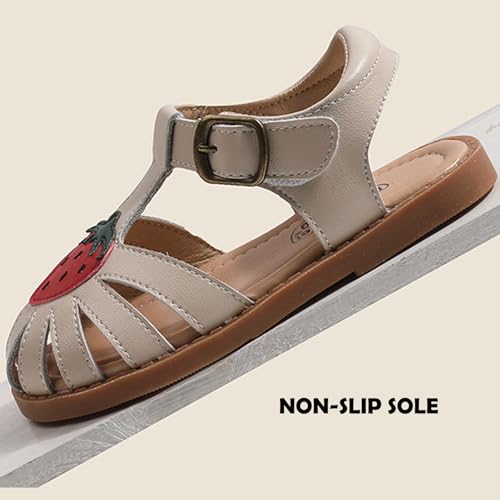 Image of WUIWUIYU Toddlers Little Girls T-Strap Hook&Loop Dress Strawberry Summer Shoes Closed Toe Carrot Sandals