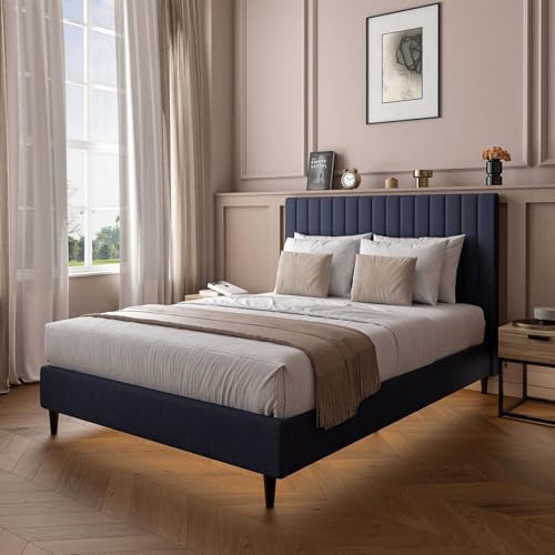 X-Rocker Maisie Velvet King Bed Frame with Ambient Underbed RGB LED Lighting King 5ft Low Sleeper Bedstead, Upholstered Fabric Velvet BedFrame XR LIVING - Navy Blue