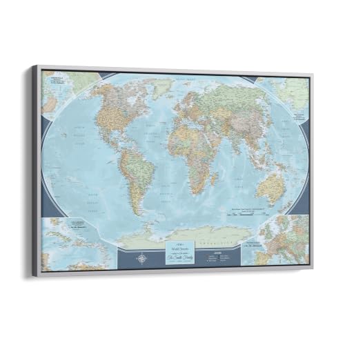 Image of Signature World Travel Map - Personalized Framed Canvas Wall Art - Travel Wall Decor - Silver Float Frame - 24 inch x 36 inch
