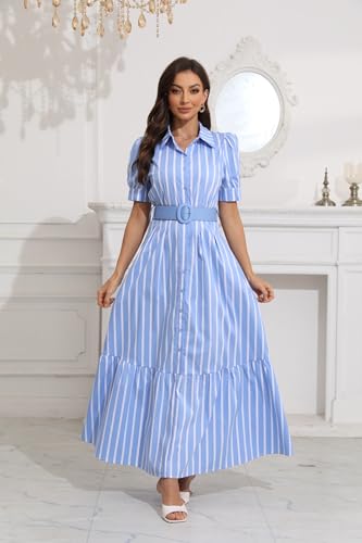 utcoco Womens Striped Button Down Shirt Dress Casual Puff Short Sleeve Ruffle Hem Maxi Dresses with Belt4