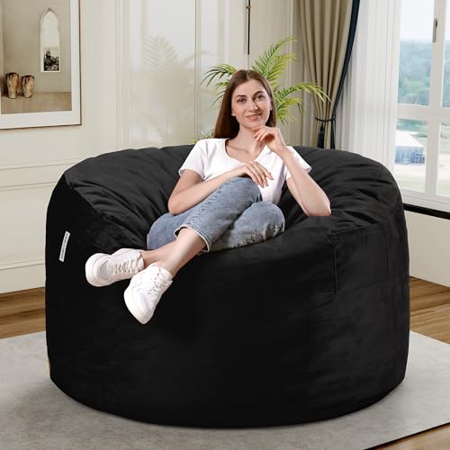 HABUTWAY Bean Bag Chair 3Ft Luxurious Velvet Ultra Soft Fur with High Rebound Memory Foam Bean Bag Chairs for Adults Plush Lazy Sofa with Fluffy Sponge 3' (Black New)