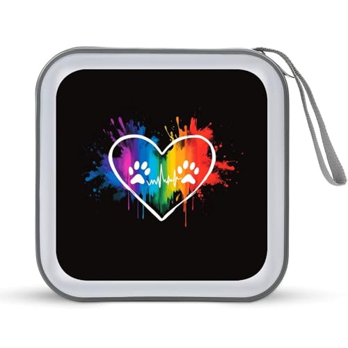 DuduYH Heart with Rainbow Dog Feet CD Case DVD Storage Case Portable for Car Home Travel