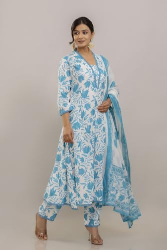 Image of PARTHVI Women's Printed Anarkali Kurta With Palazzo & Dupatta Set