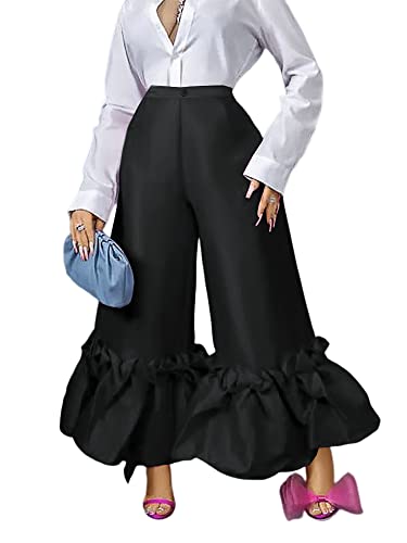 ONTINVA Women's Boho Elastic High Waisted Ruffle Hem Wide Leg Palazzo Pants Loose Plus Size Trousers