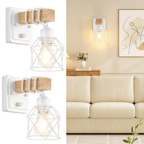 Image of FadimiKoo Wall Sconces Set of Two, Farmhouse Hardwired White Wall Lamps with Wooden Arm & On /Off Dimmable Switch, Modern Bathroom Light Fixtures with Metal Shade for Living Room, Hallway, Bedroom