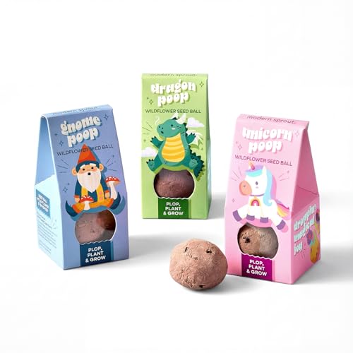 Modern Sprout Wildflower Seed Ball Poop - Non-GMO, Hand-Rolled Clay Seed Bombs with Wildflower Seeds - Plop Plant & Grow Gardening Gift Set for Kids & Adults - (Magical Plop - Pack of 3)