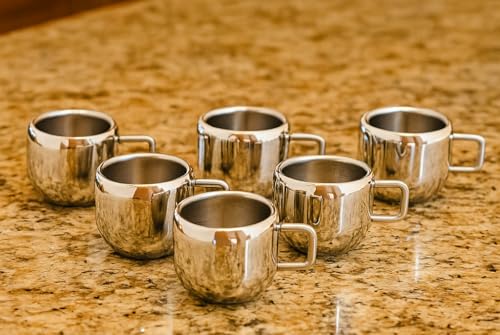 Image of Stainless Steel Tea Cups Set of 12 with Handle | Mirror Finish Chai Cups | 90ml Tea & Coffee Serving Cups | Rust Resistant | Double wall Apple Shaped (Silver)