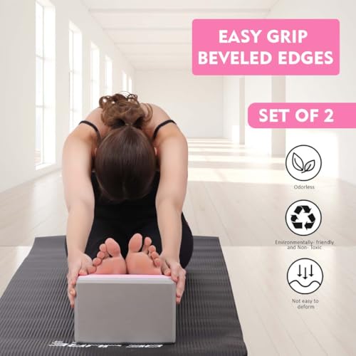 Image of De Jure Fitness Yoga Block - Non-Slip EVA Foam, Latex-Free with Beveled Edges for Stability & Balance - Ideal Yoga Accessory for Stretching, Pilates, & Meditation Support, Pink-Grey - Pack of 2
