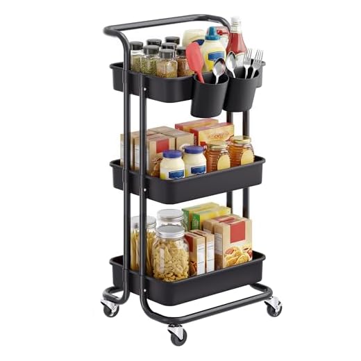 SONGMICS Rollwagen, 3 Ebenen, Servierwagen, Küchenwagen mit Griff, 2 kleine Einhängefächer, 2 Bremsen, Ablagefächer aus Kunststoff, einfacher Aufbau, Schlafzimmer, Waschküche, schwarz BSC067B01