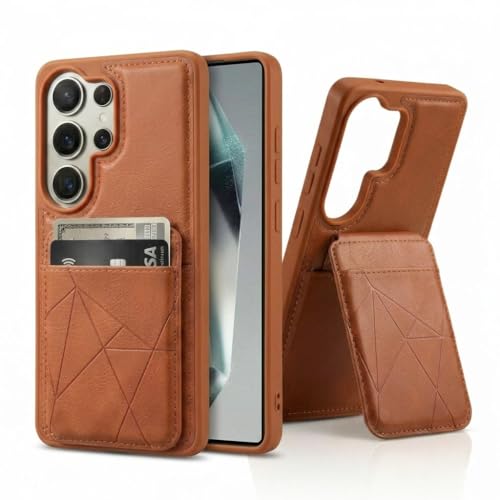Image of amazon basics Premium Vegan Leather Back Cover with Card Holder and Integrated Mobile Stand for Samsung Galaxy S25 Ultra 5G - Slim Shockproof Wallet Case with Geometric Stitching [Tan]