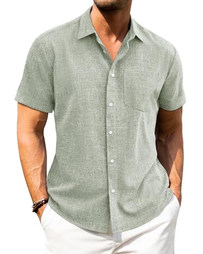 J.VER Leinenhemd Herren Kruzarm Freizeithemd Leichtes Sommerhemd mit Brusttasche für Beach Festlich und Hochzeit,Hellgrün,5XL