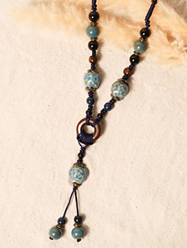Minachi Boho Hippie Blue Ceramic Beads Strand Wooden Ring Circle Necklace Bohemian Jewelry Gift #TOP1