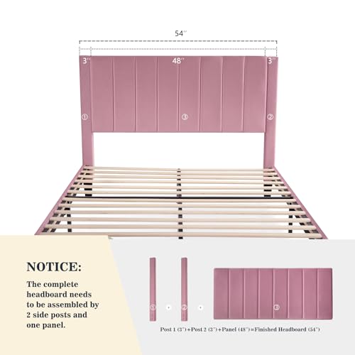 Image of Allewie Full Platform Bed Frame /Velvet Upholstered Bed Frame with Vertical Channel Tufted Headboard /Strong Wooden Slats /Mattress Foundation /Box Spring Optional /Easy Assembly /Pink