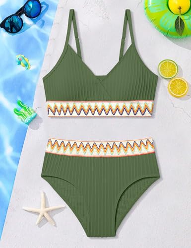 Image of DONWEN Girls Swimsuits V Neck Bikini Set Textured High Waist Girl Two Piece Bathing Suit